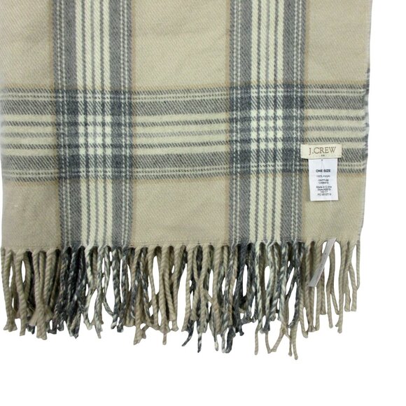 J CREW Warm Scarf Wrap Neutral Plaid Beige & Gray With Fringe Large 24 x 79 - Picture 3 of 7